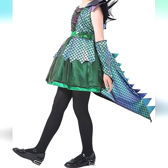Girls Green/Purple Embellished Dragon Costume Tulle Dress Halloween Party - Picture 4 of 12